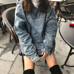 Vintage High Collar Oversized Denim Blue Jacket