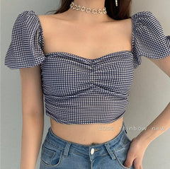 Vintage karierte kurze Bluse mit Laternenärmeln