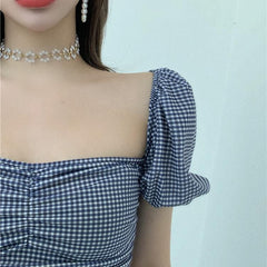 Vintage karierte kurze Bluse mit Laternenärmeln