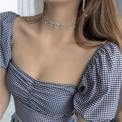 Vintage karierte kurze Bluse mit Laternenärmeln