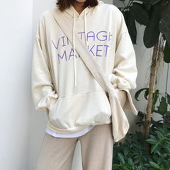 Vintage Market Letter Print Loose Hooded Sweatshirt