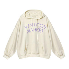 Vintage Market Letter Print Loose Hooded Sweatshirt
