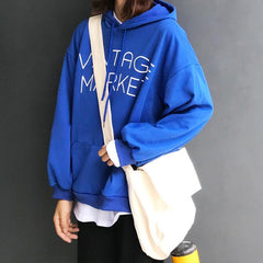 Vintage Market Letter Print Loose Hooded Sweatshirt