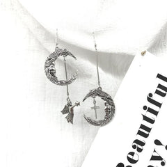 Vintage Moon Angel Silver Hook Clip Earring