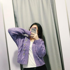 Vintage Lila Blumenstickerei Strickjacke