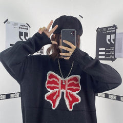 Vintage Rote Schleife Schleife Locker stricken Schwarz Pullover