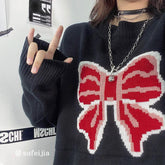 Vintage Rote Schleife Schleife Locker stricken Schwarz Pullover