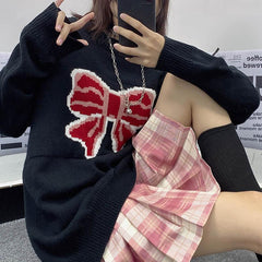 Vintage Rote Schleife Schleife Locker stricken Schwarz Pullover