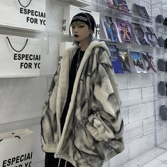 Vintage Tie Dye Plüsch Kunstfell Kapuzenjacke