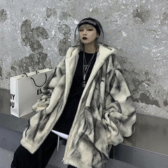 Vintage Tie Dye Plüsch Kunstfell Kapuzenjacke