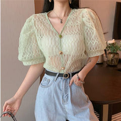 Vintage Transparent Puff Sleeves Elegant Mesh Blouse