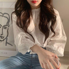 Vintage Weiße Spitzenbluse mit Laternenärmeln