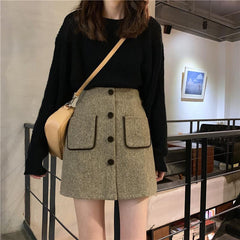 Vintage Wollrock A-Linie mit hoher Taille und Knöpfen