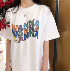 Wanna Colorful Letter Print Art Hoe White T-Shirt