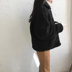 Warme, lockige Oberbekleidung aus Kunstpelz, beige, schwarze Jacke