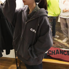 Warmer, grau-schwarzer, übergroßer Plus-Samt-Hoodie mit Reißverschluss