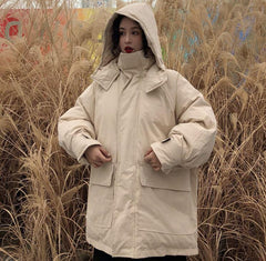 Warm Oversize Beige Gray Long Hooded Jacket