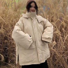 Warm Oversize Beige Gray Long Hooded Jacket