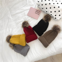Warm Turn Up Rib Knitted Pompom Ball Beanie