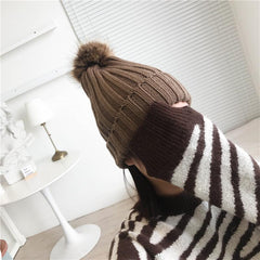 Warm Turn Up Rib Knitted Pompom Ball Beanie