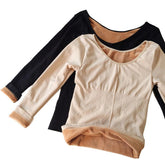 Top de invierno cálido de terciopelo de manga larga en color beige y negro con interior de punto térmico