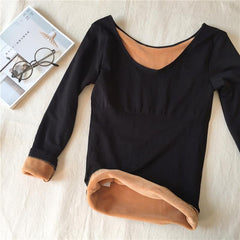 Top de invierno cálido de terciopelo de manga larga en color beige y negro con interior de punto térmico