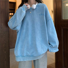 Washed Blue Back Solid Color Print Oversized Sweatshirt