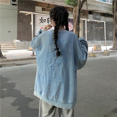 Washed Blue Back Solid Color Print Oversized Sweatshirt