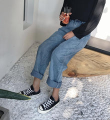 Washed Retro Blue Wide High Waist Jeans