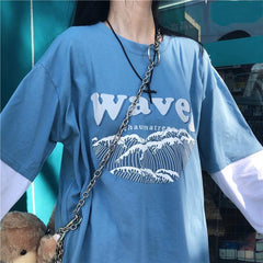 Wave Print Blue Black Loose Long Sleeve Shirt