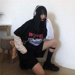 Wave Print Blue Black Loose Long Sleeve Shirt