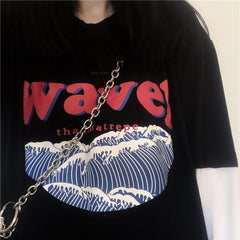 Wave Print Blue Black Loose Long Sleeve Shirt