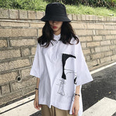 White Abstract Line Art Stitching Loose Shirt