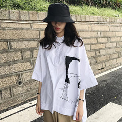 White Abstract Line Art Stitching Loose Shirt