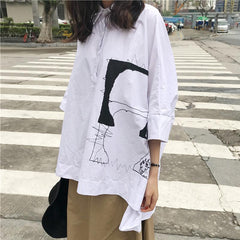 White Abstract Line Art Stitching Loose Shirt