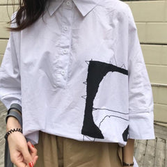 White Abstract Line Art Stitching Loose Shirt