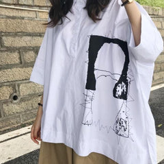 White Abstract Line Art Stitching Loose Shirt
