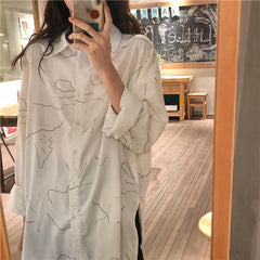 White Abstract Lines Print Chiffon Oversized Blouse