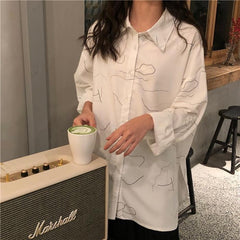 White Abstract Lines Print Chiffon Oversized Blouse