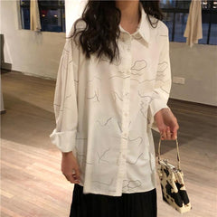White Abstract Lines Print Chiffon Oversized Blouse