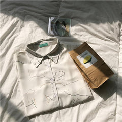 White Abstract Lines Print Chiffon Oversized Blouse