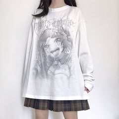 White Anime Print Oversized Thin Sweatshirt