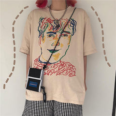 White Beige Colorful Portrait Art Print Loose T-Shirt