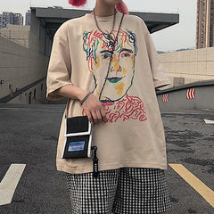 White Beige Colorful Portrait Art Print Loose T-Shirt