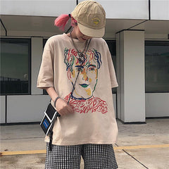 White Beige Colorful Portrait Art Print Loose T-Shirt