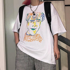 White Beige Colorful Portrait Art Print Loose T-Shirt