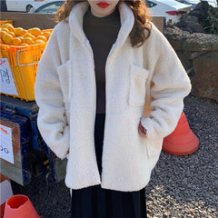 White Beige Loose Hooded Faux Fur Jacket