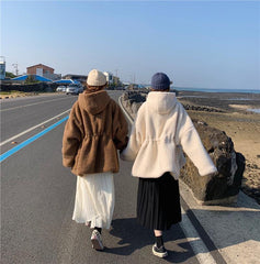White Beige Loose Hooded Faux Fur Jacket