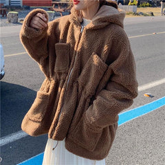 White Beige Loose Hooded Faux Fur Jacket