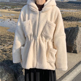 White Beige Loose Hooded Faux Fur Jacket